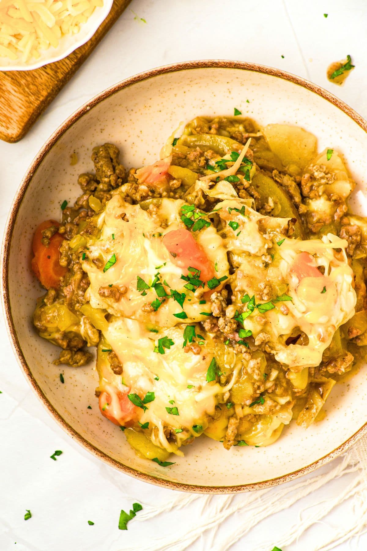 Slow Cooker Ground Beef and Potato Casserole (Gluten-Free, Dairy-Free) Top down view of a bowl of slow cooker ground beef and potatoes