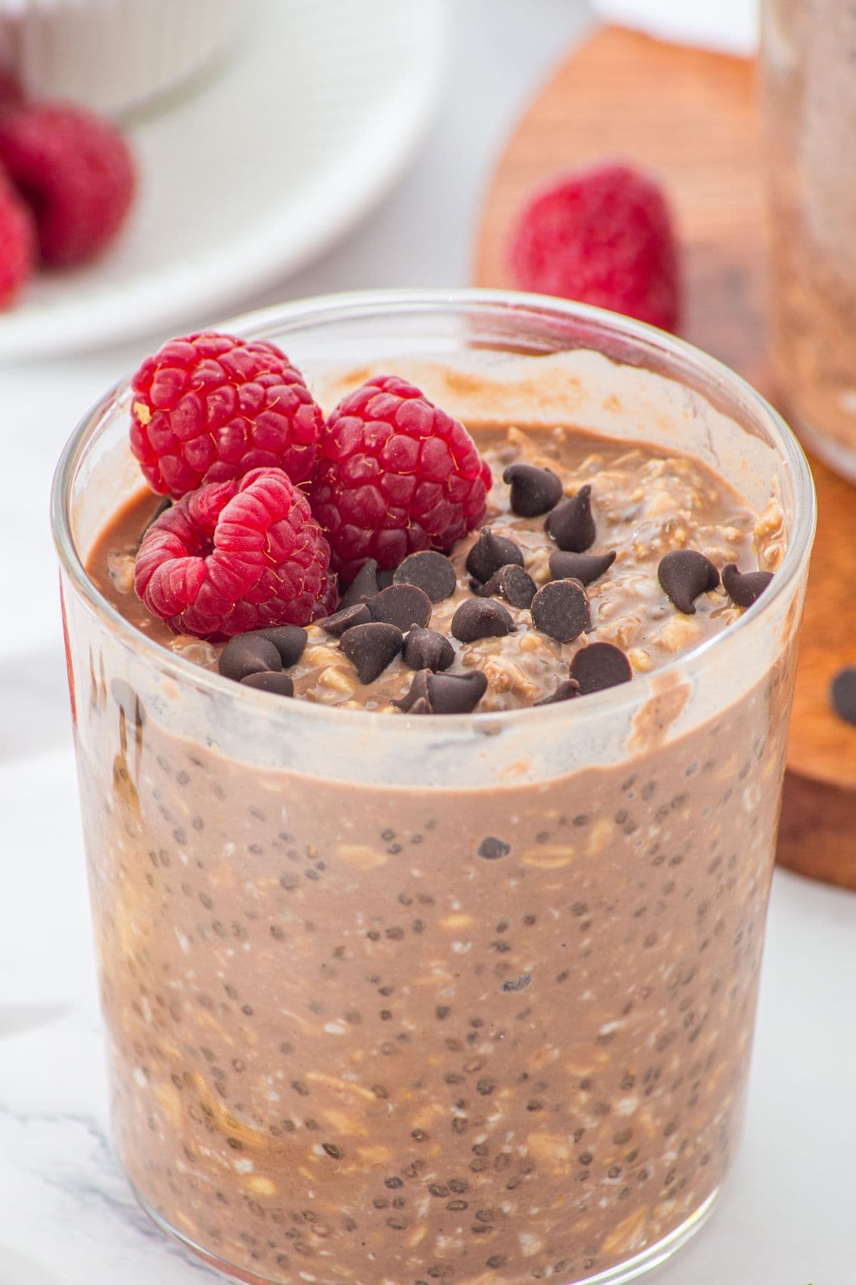 Up close view of chocolate chip overnight oats in jar