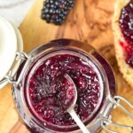 Top down view of a jar of homemade blackberry preserves