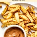 Top down view of fries on a plate with dipping sauce.