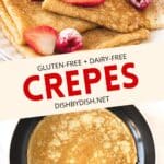 Collage of images of crepe cooking in pan and crepes on a plate.