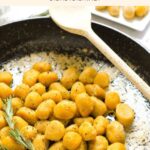 Up close view of a skillet with homemade pumpkin gnocchi