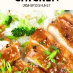 Up close view of a plate of honey garlic chicken garnished with spring onions.