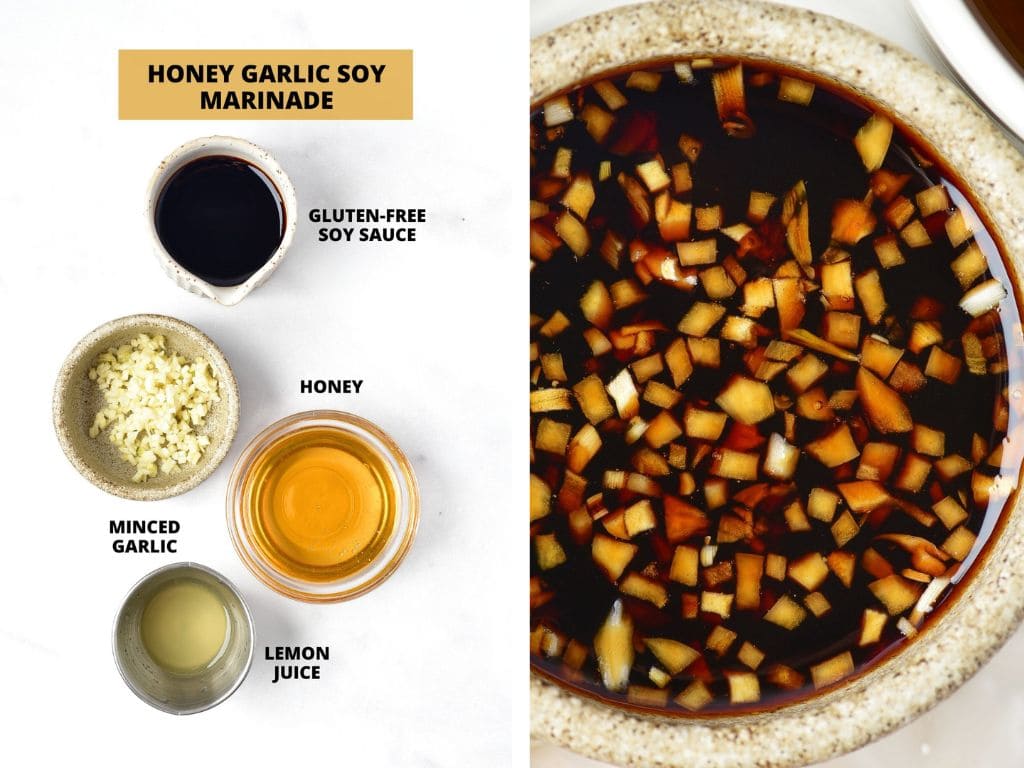 Collage of ingredients and final shot of honey garlic soy marinade.