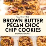 Collage of images of brown butter pecan chocolate chip cookies