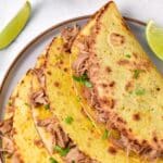 Top down view of a plate of carnitas tacos.
