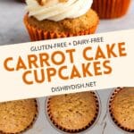 Collage of images of gf carrot cake cupcakes.