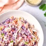 Top down view of a bowl of homemade coleslaw