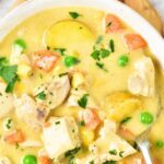 Top down view of a bowl of creamy chicken soup