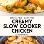 Collage of creamy slow cooker chicken and potatoes
