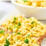 Up close view of curried egg salad on toast