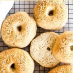 Top down view of bagels on wire rack.