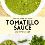 Collage of images of tomatillo green sauce (salsa verde)