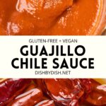 Collage of images of guajillo chile sauce