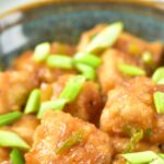 A bowl of chicken pieces tossed in brown sauce and topped with green onions.
