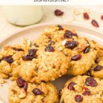 Up close view of oatmeal cranberry cookies on a plate.