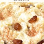 Up close view of a bowl of creamy rice pudding