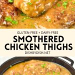 Collage of images of smothered chicken thighs in onion gravy