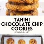 Collage of images of tahini chocolate chip cookies.