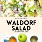 Collage of images of ingredients and up close view of vegan waldorf salad.