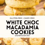 Collage of images of white choc macadamia cookies