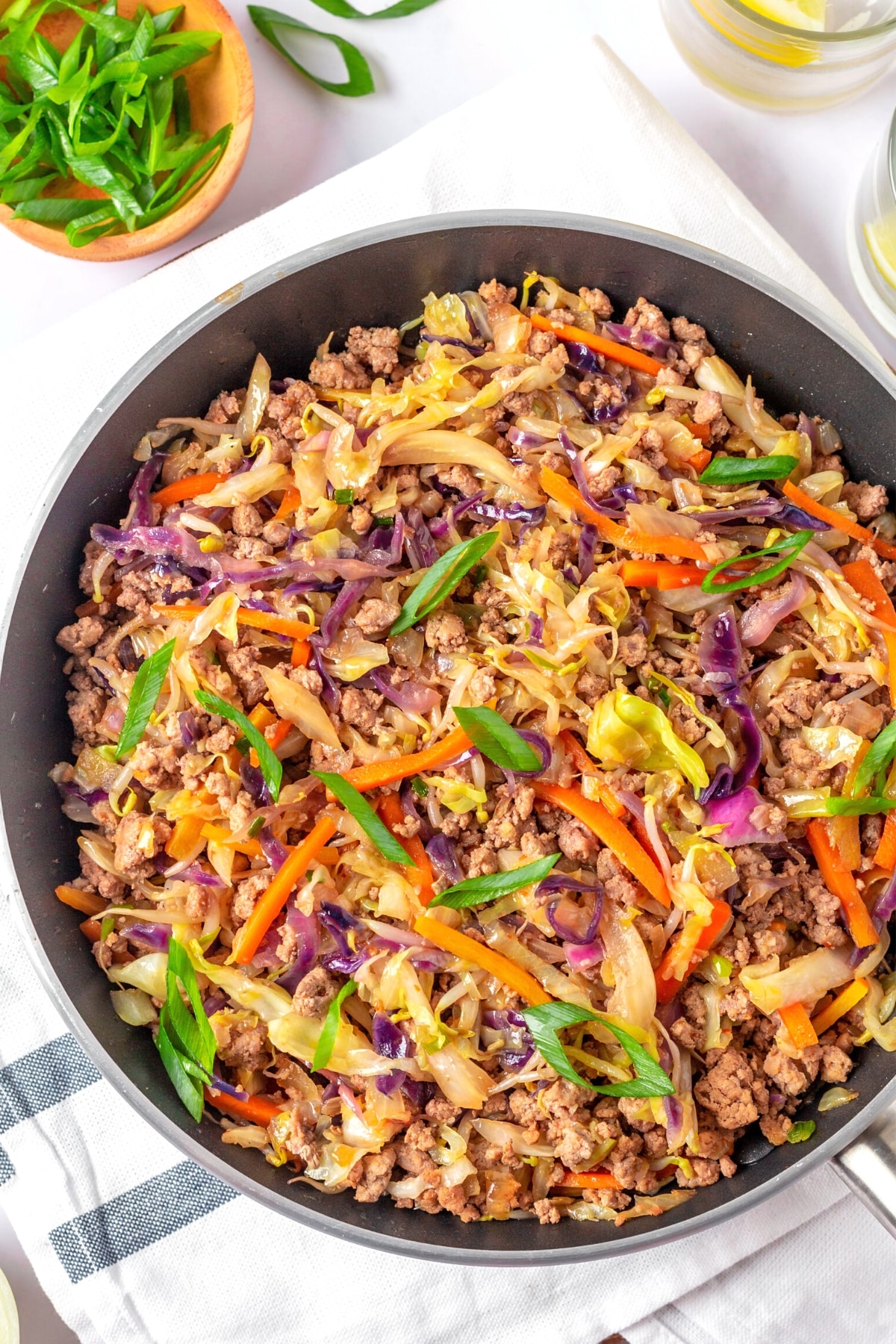Inside out egg roll in a skillet.