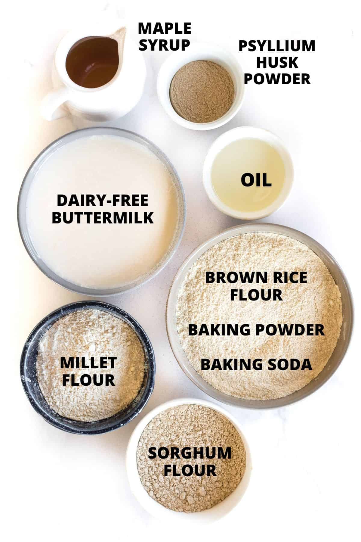 Ingredients required for gluten-free Irish brown soda bread recipe.