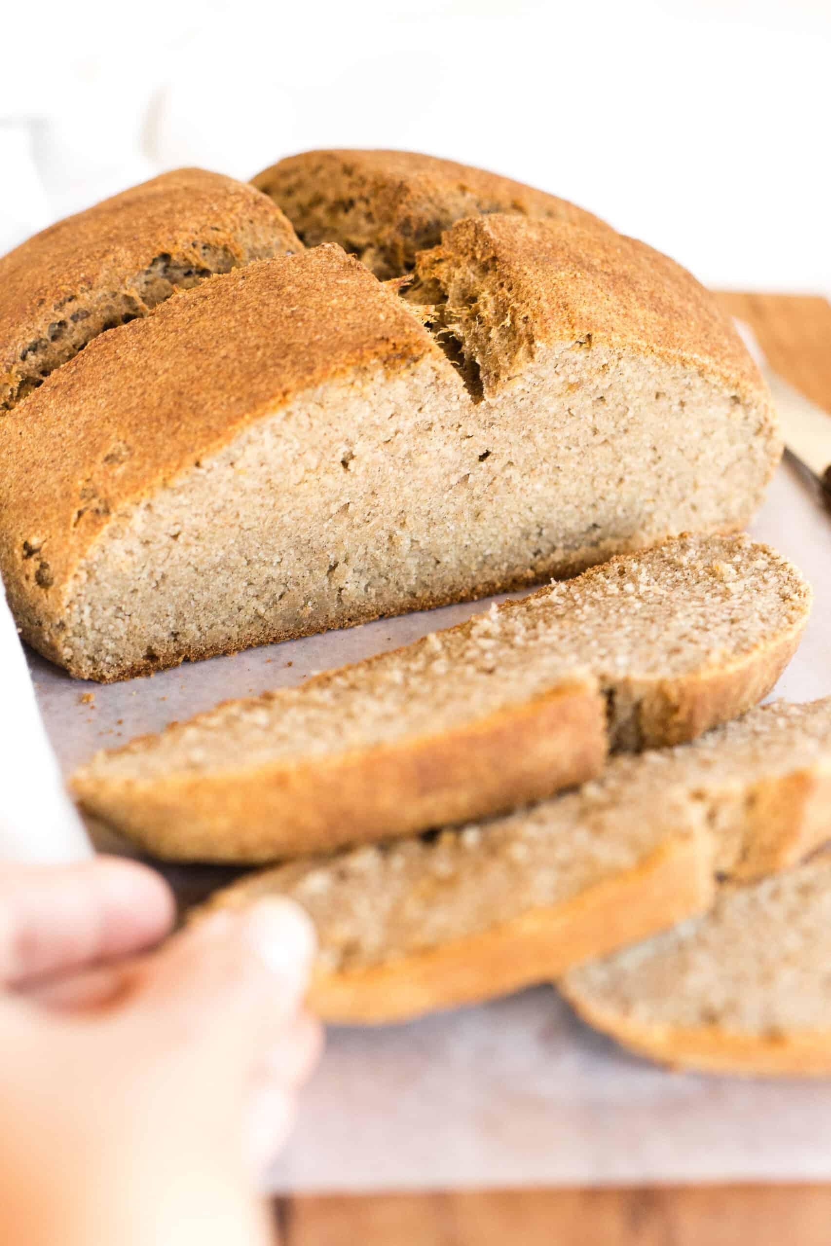 Sliced loaf of Irish brown bread.