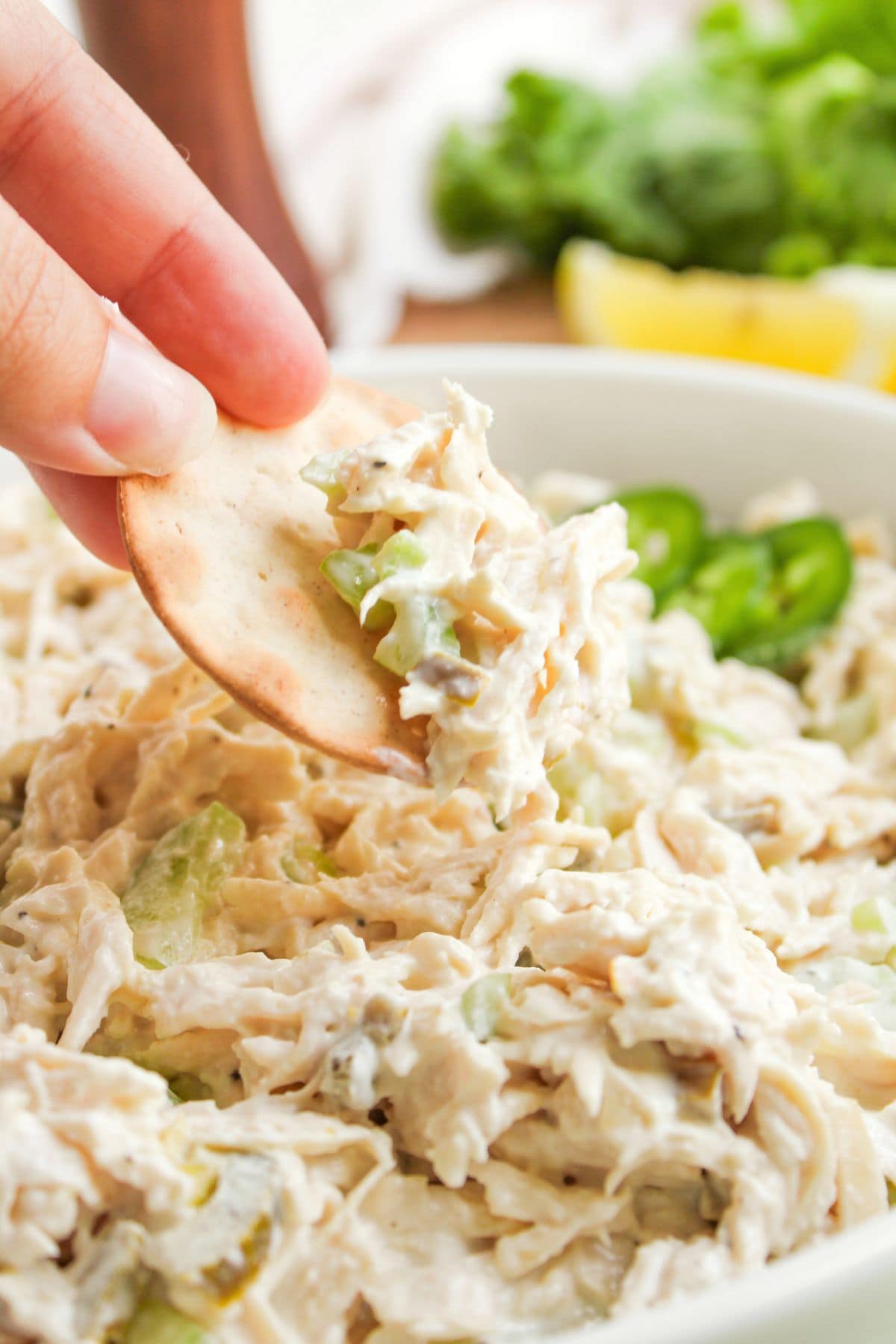 Dipping a cracker into a bowl of chicken salad.
