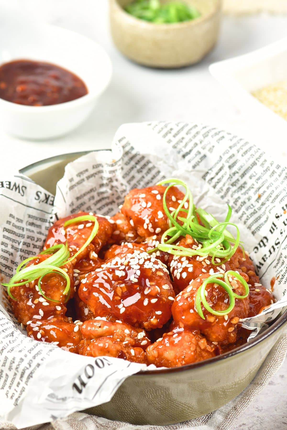 A bowl of gluten-free Korean fried chicken