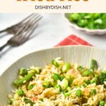 A bowl of turkey fried rice on red kitchen towel.