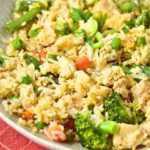 Up close view of leftover turkey fried rice