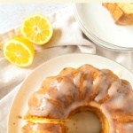 Top down view of a lemon bundt cake on a plate.