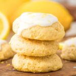 A stack of ricotta lemon cookies topped with icing.
