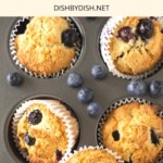 Top down view of almond flour blueberry muffins in muffin pan.