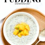 Top down view of mango chia seed pudding in bowl.