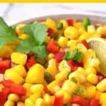 Up close shot of a bowl of corn salsa