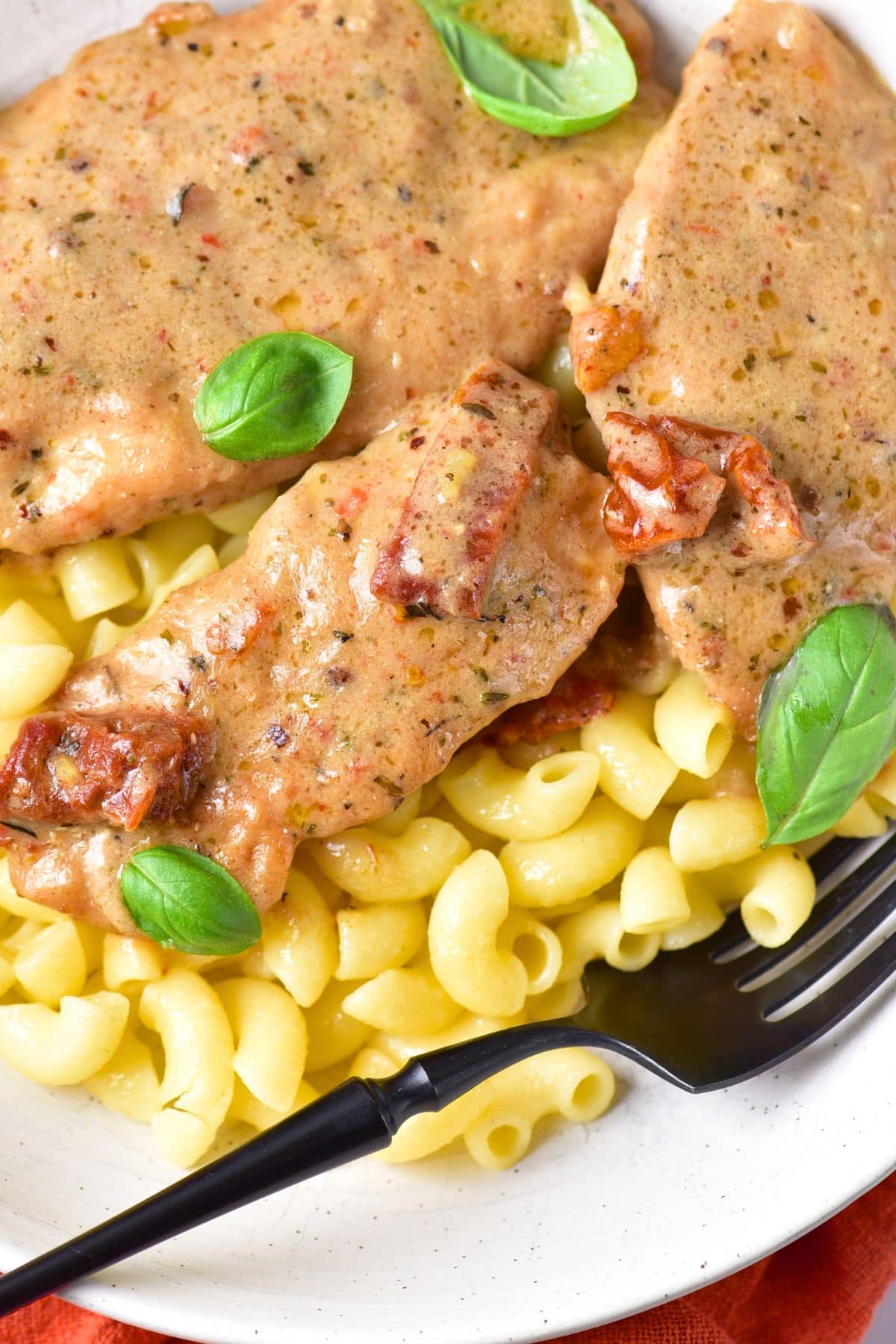 Top down view of a plate of sundried tomato chicken on top of pasta