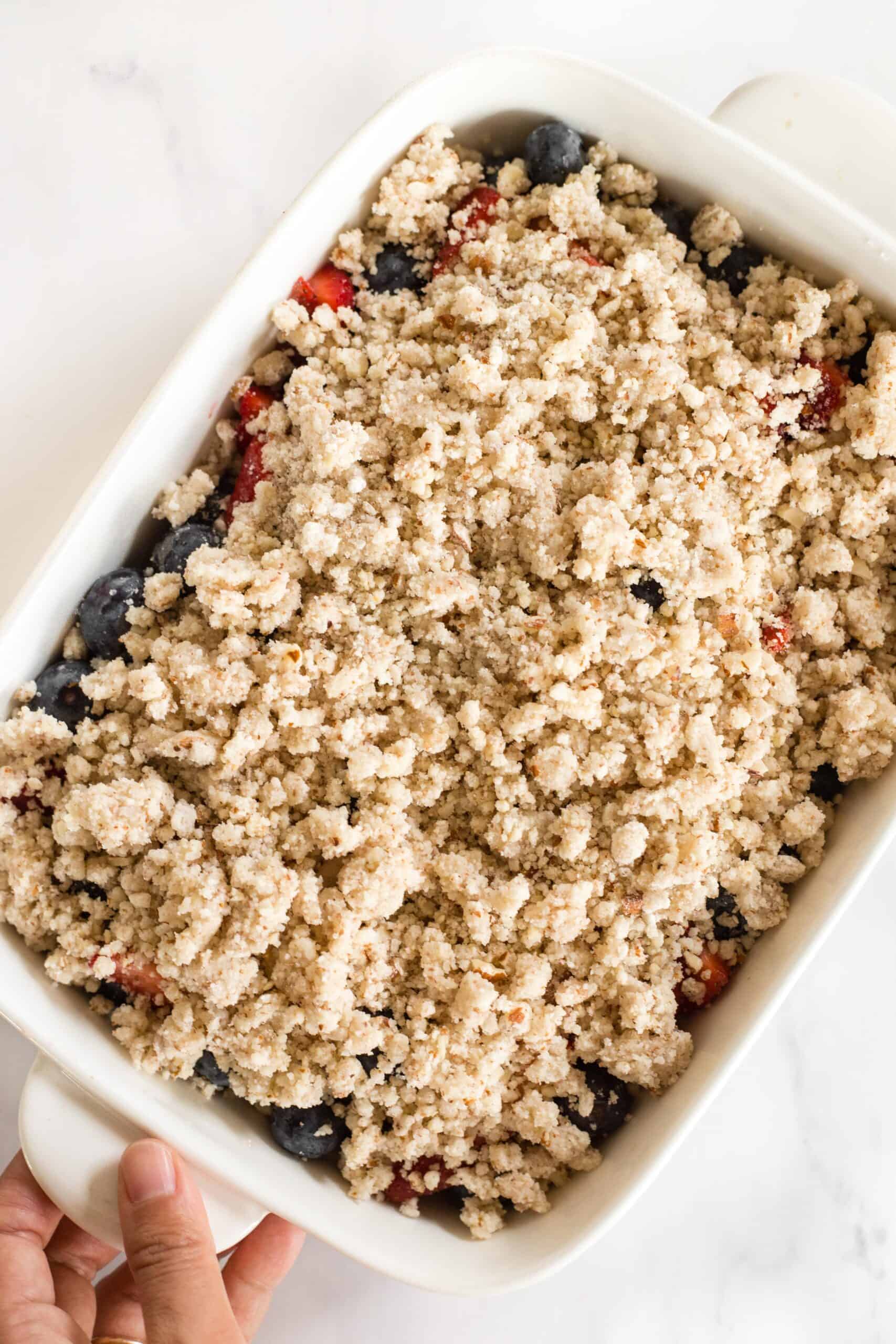 Mixed berry crumble about to be baked.