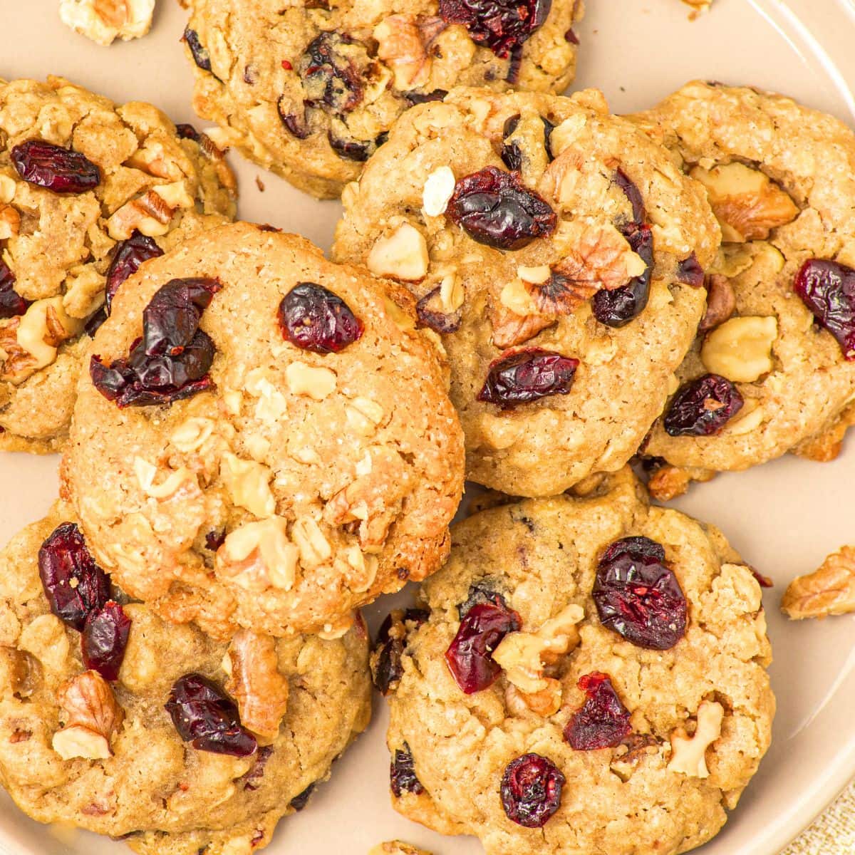 Top down view of a plate of oatmeal cranberry cookies