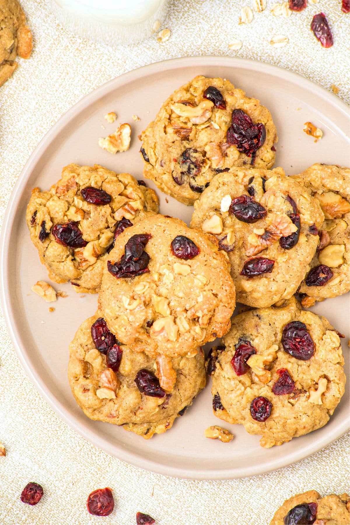 Cranberry Oatmeal Cookies (Gluten-Free, Dairy-Free) Top down view of a plate of cranberry oatmeal cookies.
