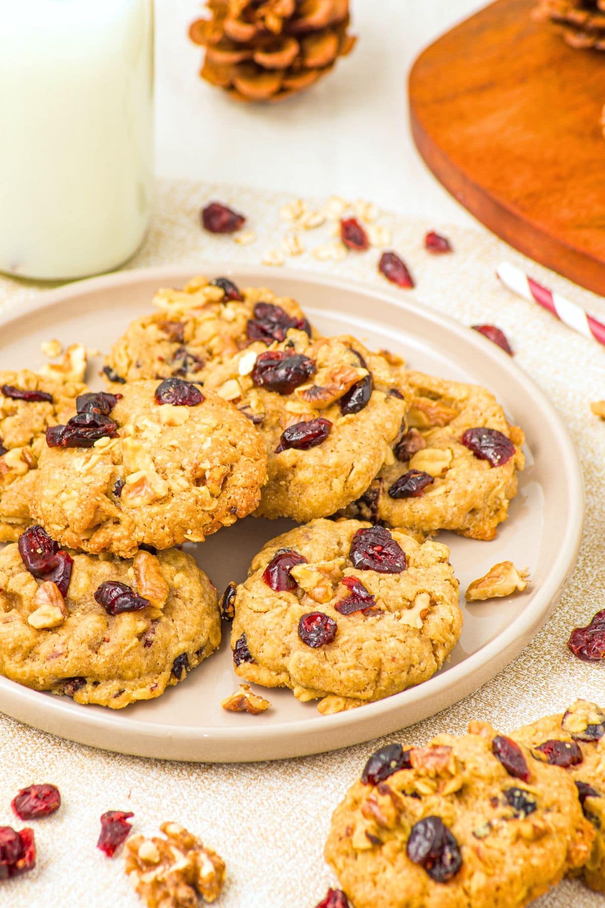 Oatmeal Cranberry Cookies (Gluten-Free, Dairy-Free) Up close view of a plate of oatmeal cranberry cookies.