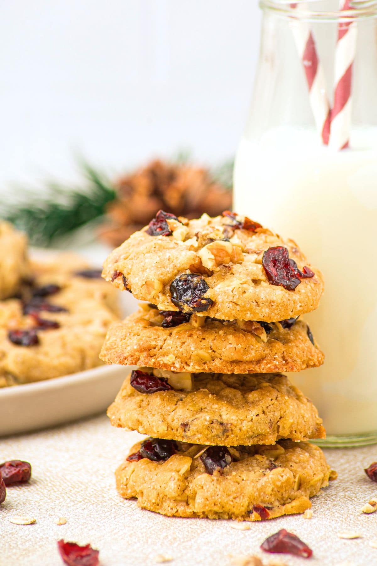 Gluten-Free Cranberry Oatmeal Cookies A stack of gluten-free cranberry oatmeal cookies in front of a glass of milk