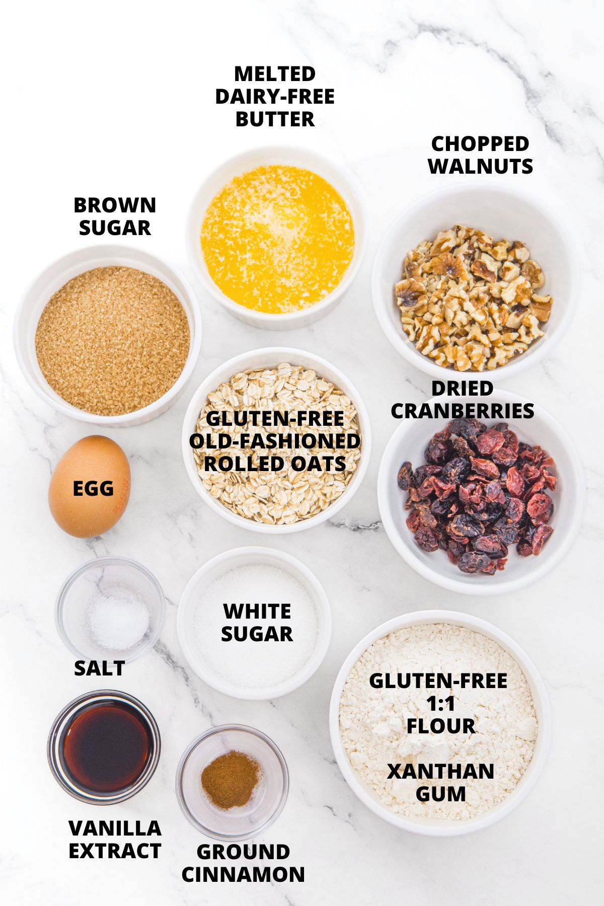 Oatmeal Cranberry Cookies Recipe (Gluten-Free, Dairy-Free) Ingredients for oatmeal cranberry cookies laid out on marble board.