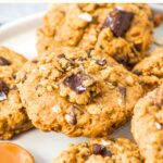 A plate of chocolate peanut butter oatmeal cookies