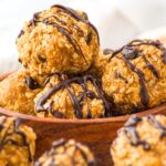 Up close shot of oatmeal peanut butter balls in bowl