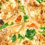 Up close view of Tuscan chicken in a skillet