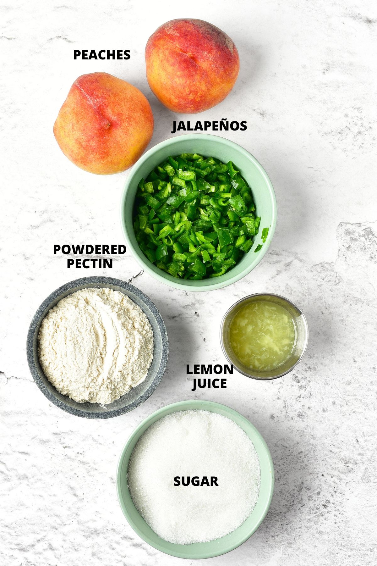 Peach Jalapeno Jam Recipe (Gluten-Free, Vegan) Ingredients for peach jalapeno jam recipe laid out on marble board.