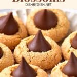 View of peanut butter blossom cookies on plate.