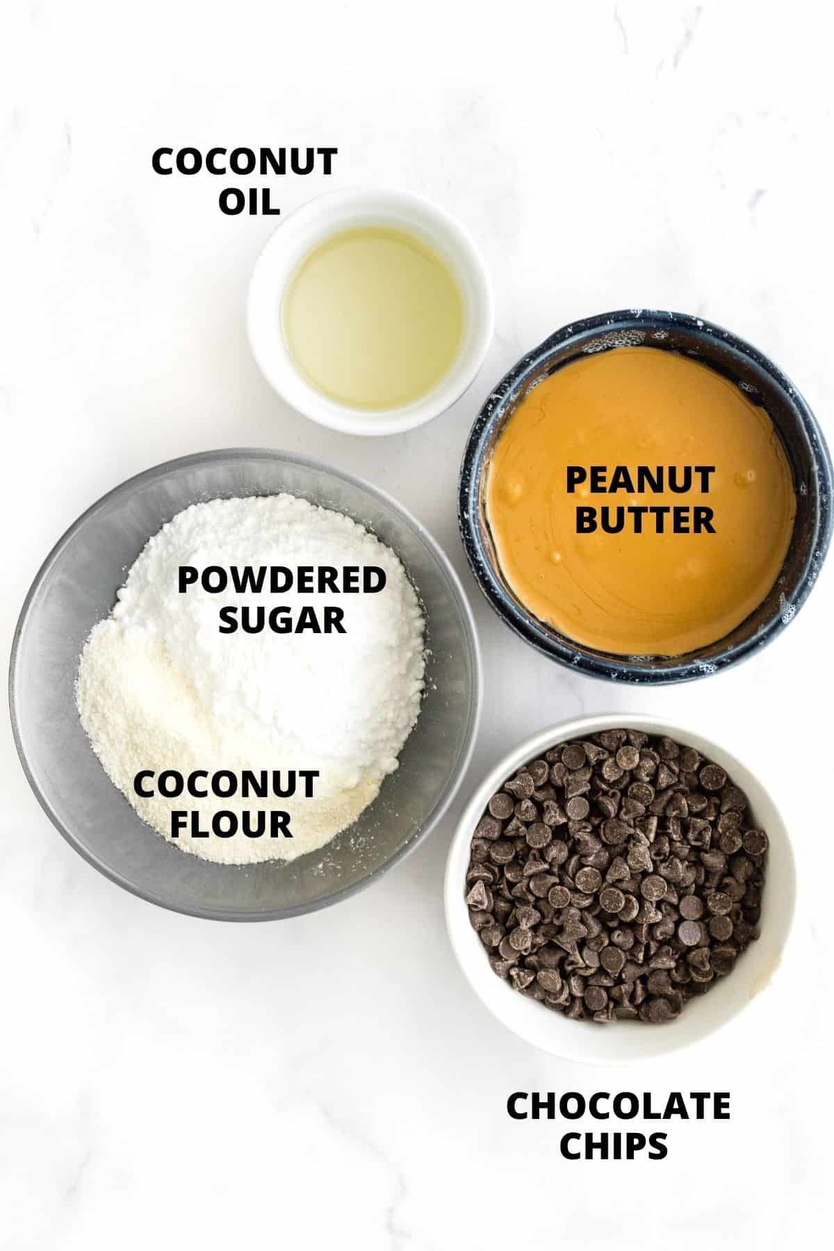 Ingredients for peanut butter buckeyes recipe laid out on a marble board.